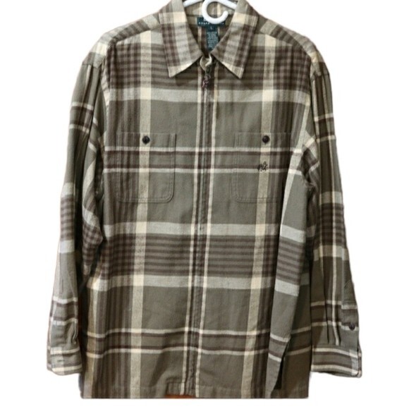 Lauren Ralph Lauren Green & Tan Plaid Shacket Full Zip Shirt Jacket LG - Picture 1 of 11